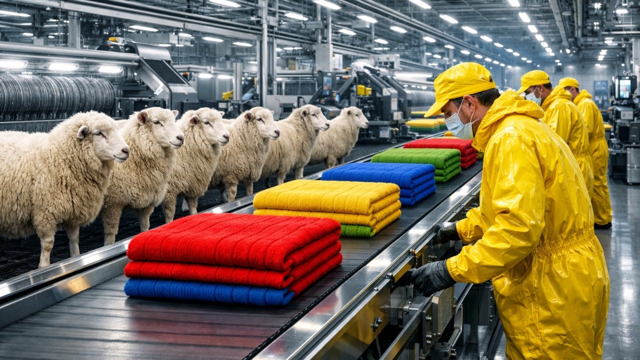 Inside a Moden Wool Factory | From Sheep Wool to Luxury Blanket (Full Process)