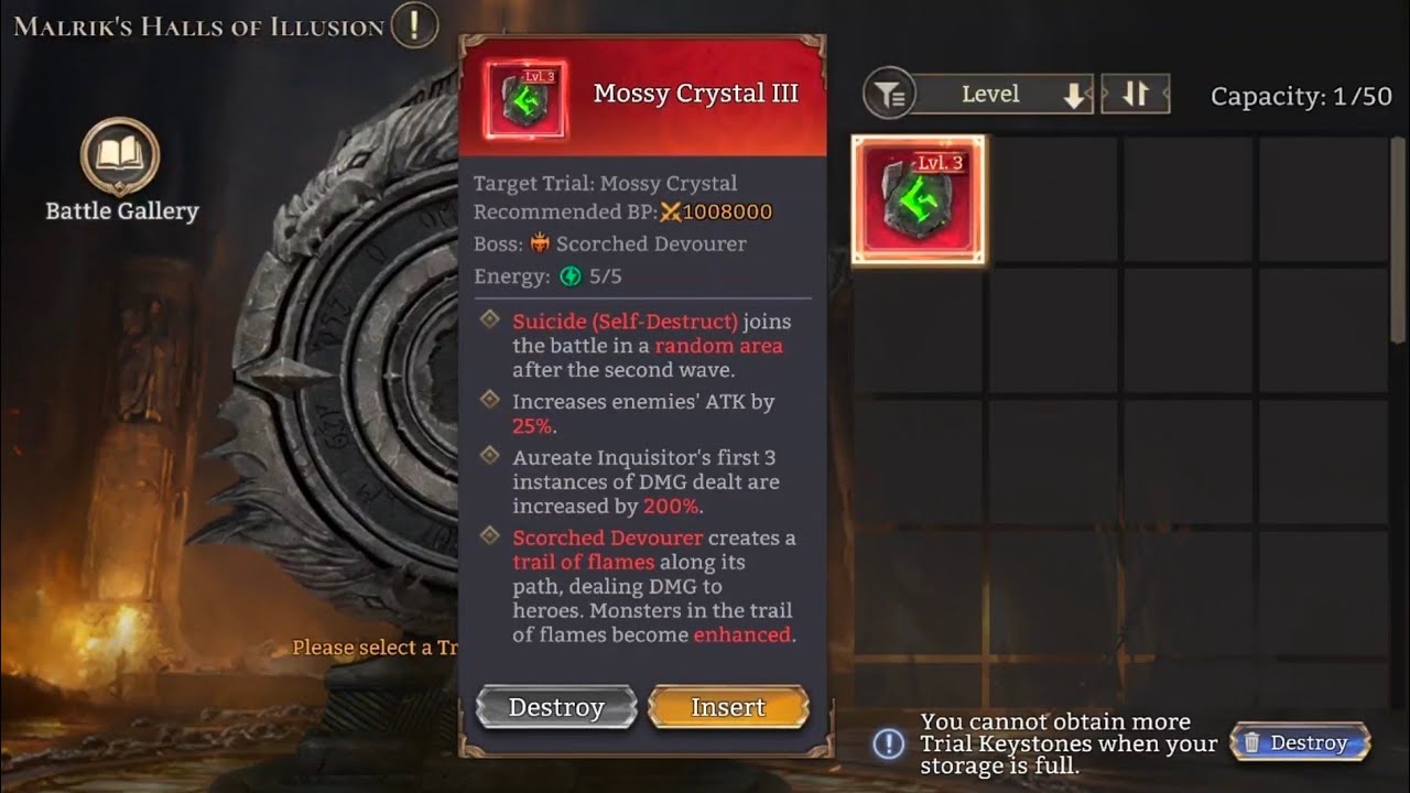 Lvl 3 Red Mossy crystal / Scorched Devourer / Malrik's Halls of Illusion / Watcher of Realms