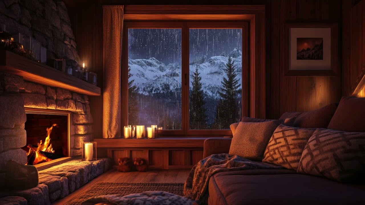 Cozy Winter Cabin Ambience | Fireplace Crackling & Snow Falling Outside | Deep Sleep & Relaxation