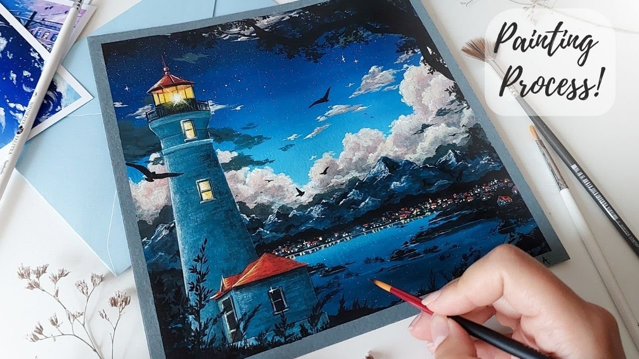 Drawing Dreamy Night Landscape With a Lighthouse- Acrylic Painting! Full Process!