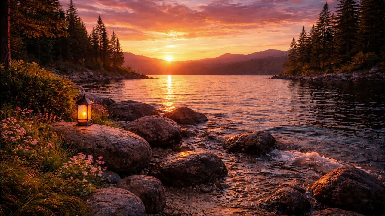 Lakeside Sunset Ambience 🌅 Calm Water & Evening Breeze for Sleep, Relax & Meditation (8 Hours) 4K