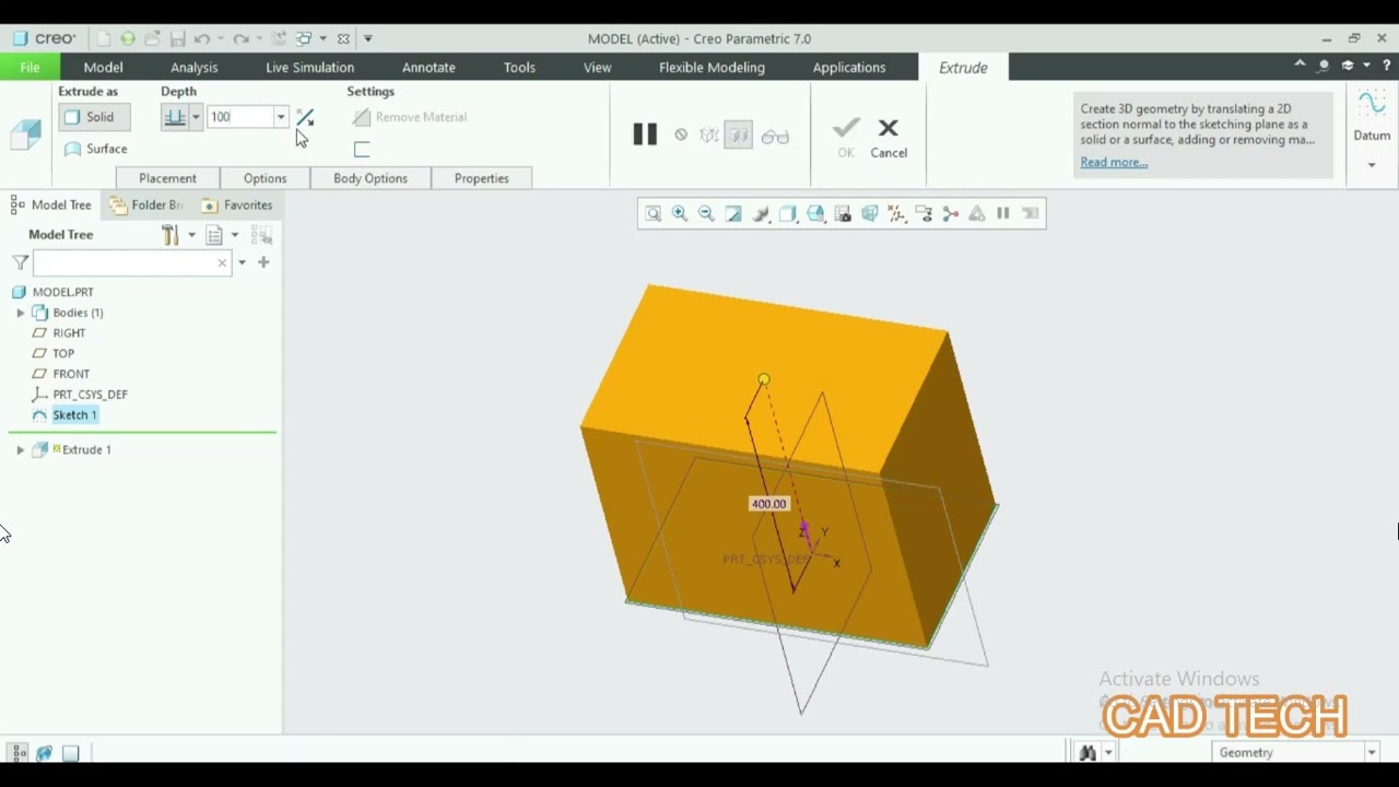 Sketch Command in Creo | Extrude and Fillet in Creo | Creo Parametric Part Model
