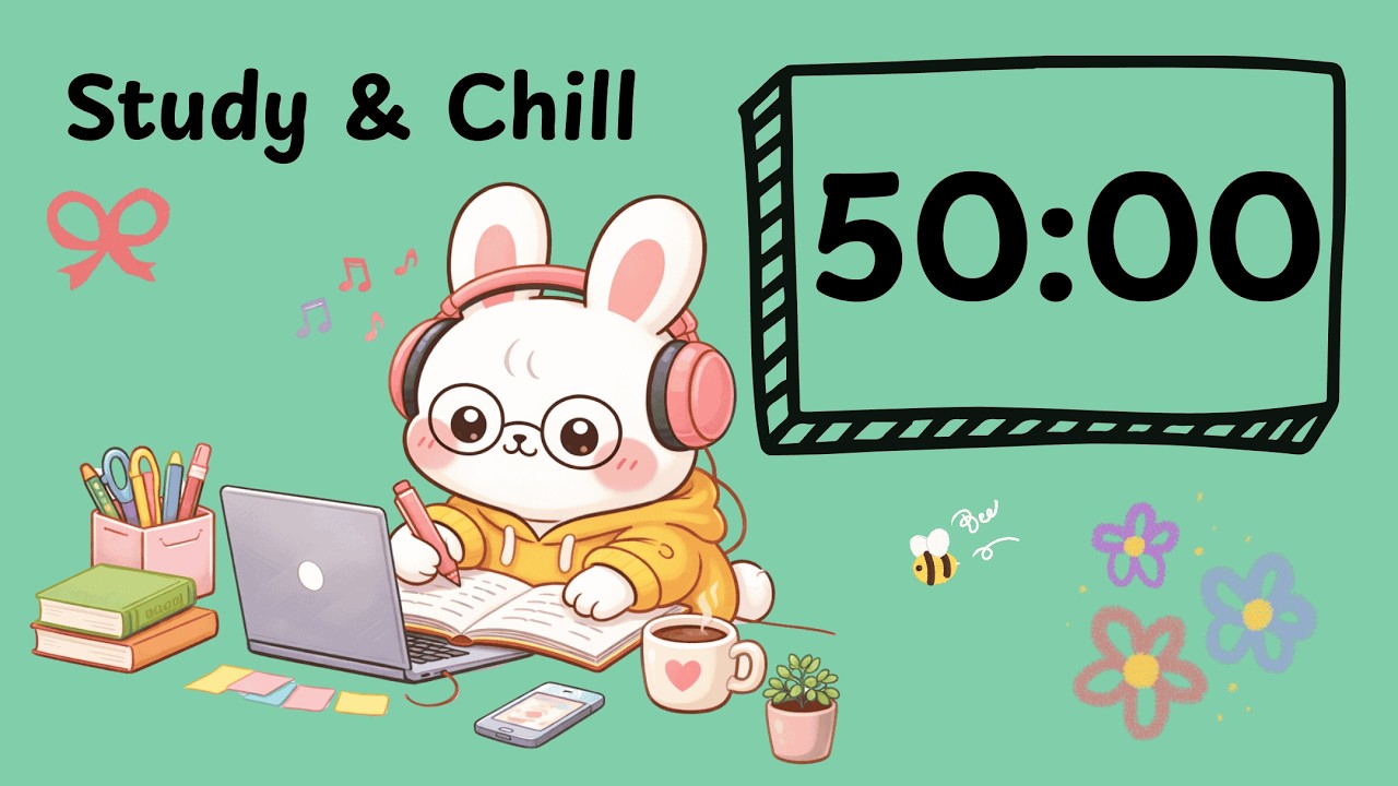 Study with bunny | 2 Hours Pomodoro (50 mins focus &10 mins break) |  Piano