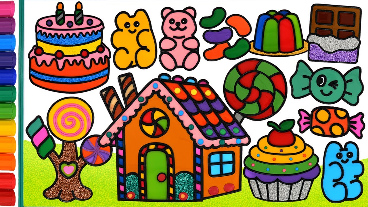 Sweet Snacks, Candy house Compilation | Drawing, Painting and Coloring, Learn colors, Gummy bears
