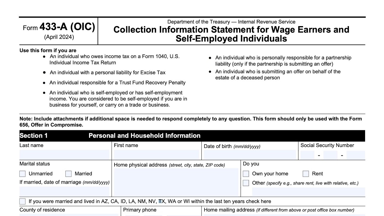 IRS Form 433-A walkthrough (Collection Information Statement for Individuals)