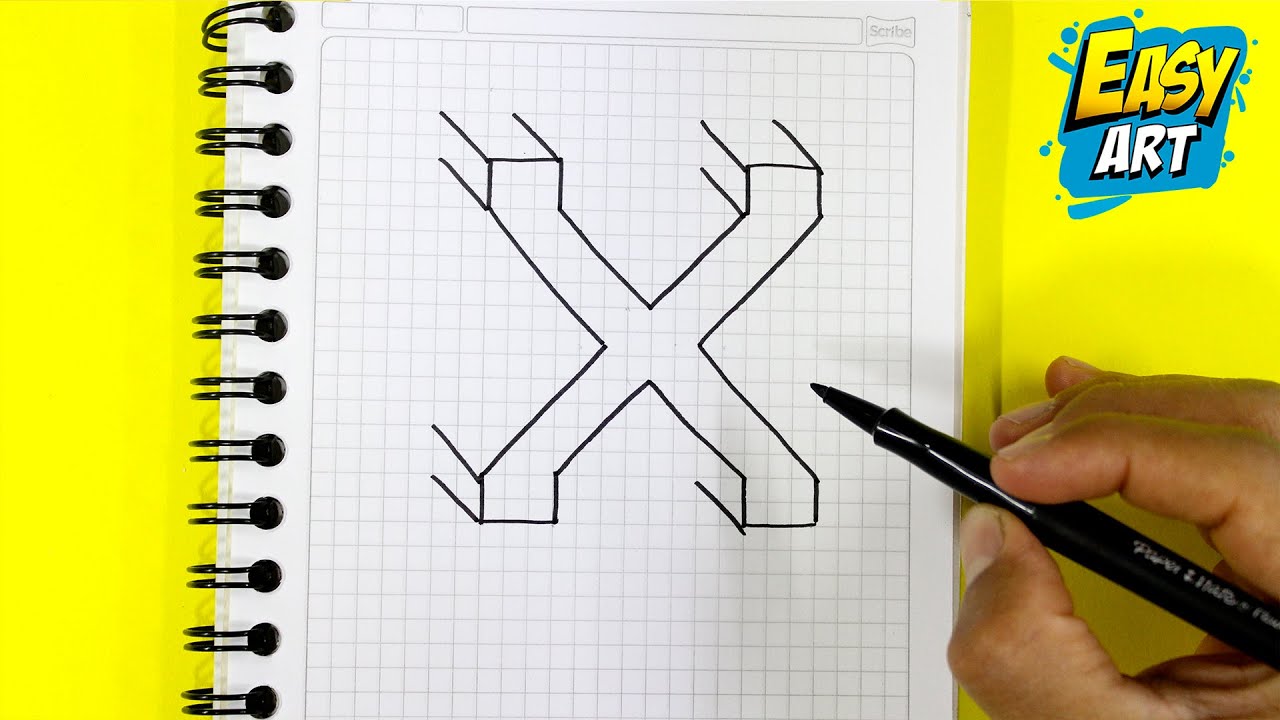 🔴 DIBUJO 3D Fácil 🟢 Como Dibujar en 3D la LETRA X - Dibujos en hoja cuadriculada 3d - Easy Art