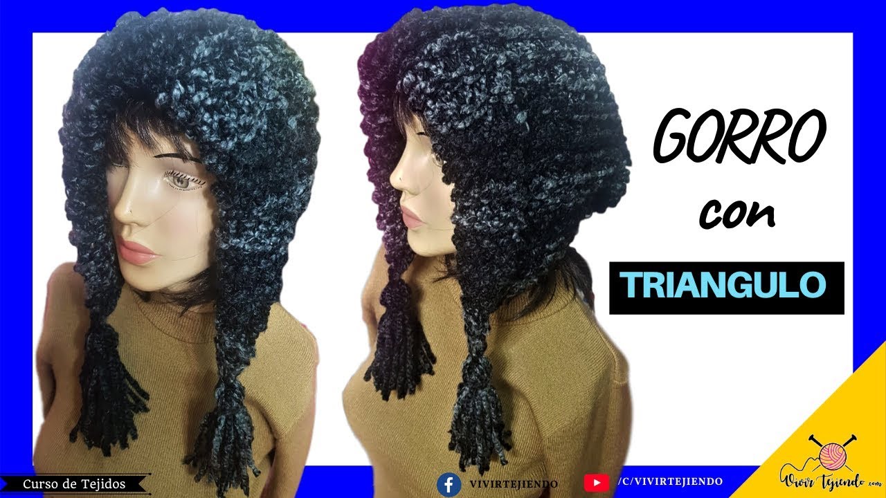Gorro con Triangulo a DOS AGUJAS con Adorno de Borlas a Palitos | Vivirtejiendo