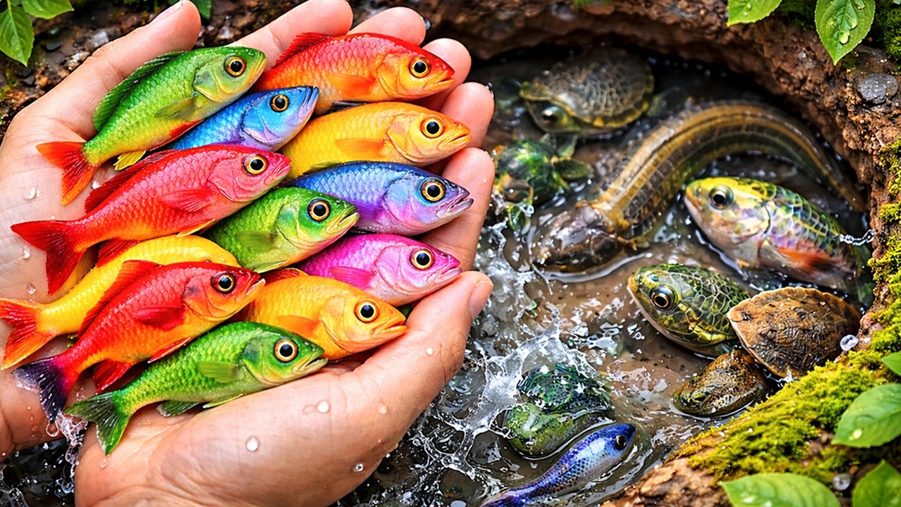 Incredible Colorful Aquarium Fish Catch in a Tiny Pond | Koi, Baby Turtle & Pencil Fish 🐠🐢