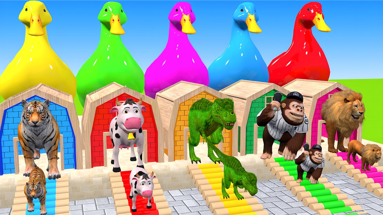 Long Slide Game With Elephant Gorilla Buffalo Hippopotamus Tiger - 3d Animal Game - Funny 3d Animals