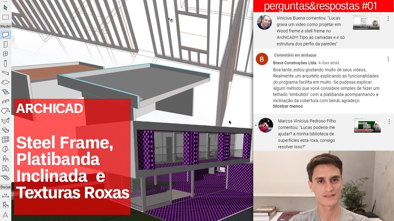 Modelagem Steel Frame, Platibanda inclinada e Texturas Roxas | ARCHICAD perguntas & respostas #01