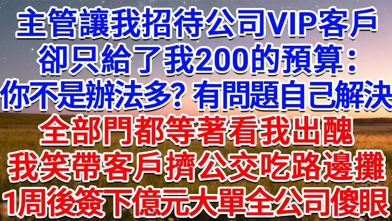 主管讓我招待公司VIP客戶，卻只給了我200的預算：你不是辦法多？有問題自己解決！全部門都等著看我出醜，我笑帶客戶擠公交吃路邊攤，1周後簽下億元大單全公司傻眼！#為人處世 #生活經驗 #情感故事