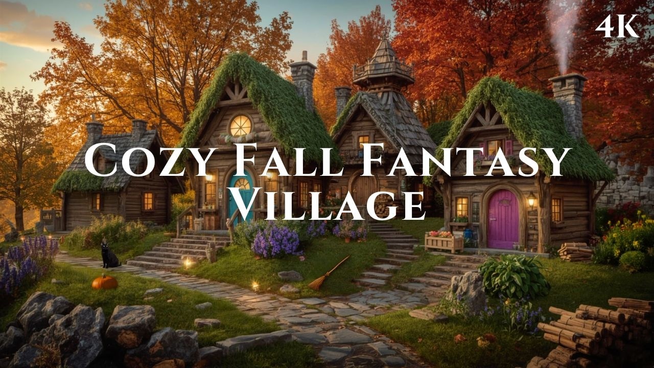 Witch Ambience at Dusk | Cozy Autumn Fantasy Village with Nature Sounds & Soft Music 🌙✨