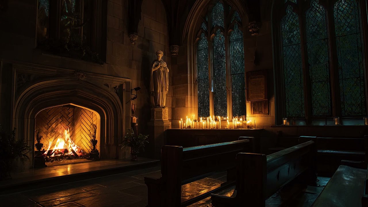Cozy Church Ambience | Jesus Statue, Rainfall & Fireplace for Peace and Rest
