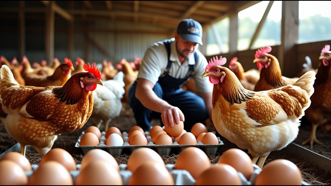 A panoramic view of a rural chicken farm.