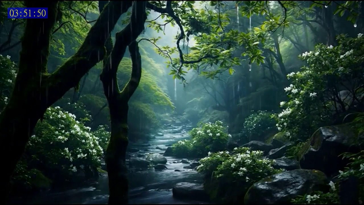 Serene Rainfall in Tropical Jungle River for Stress Free Mind