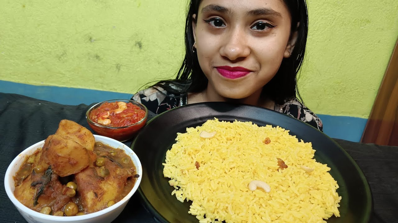 Eating show with Basanti Polao, Spicy 🔥 Alur Dom, Tomato Chutney || ASMR || MUKBANG 