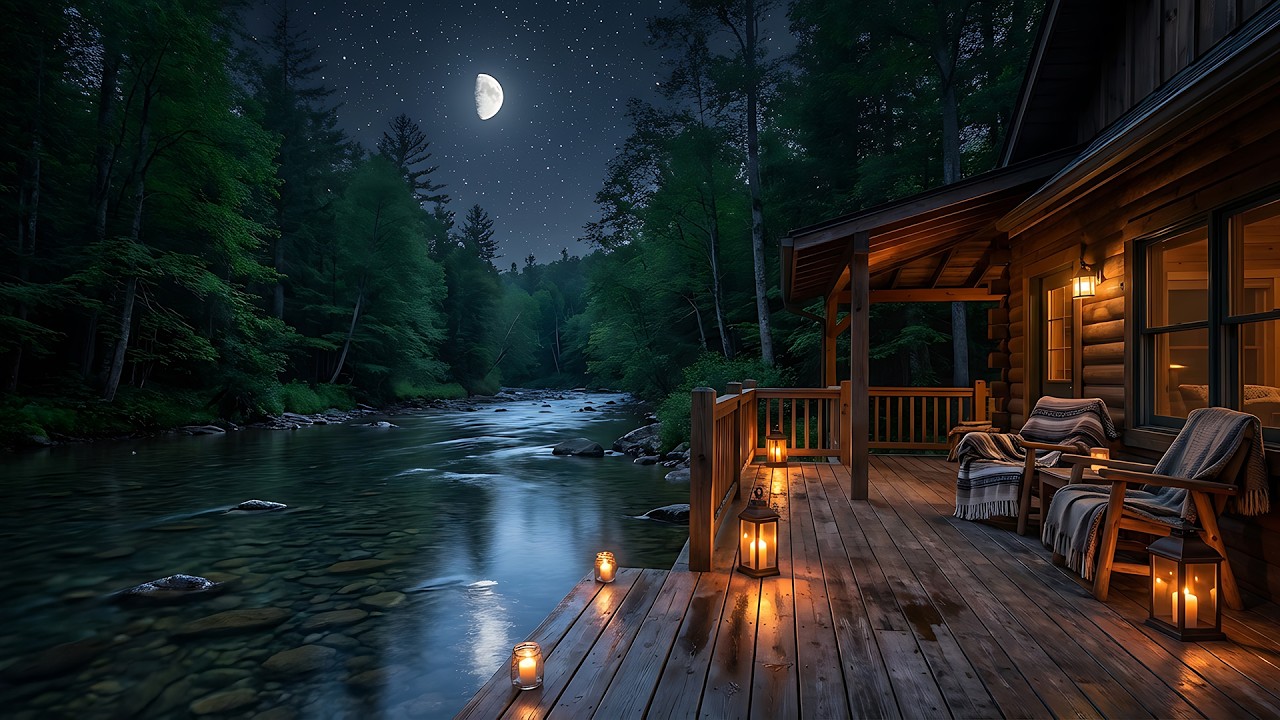 Cozy Cabin by the River at Night | Relaxing Water Sounds (No Music) | 1 Hour