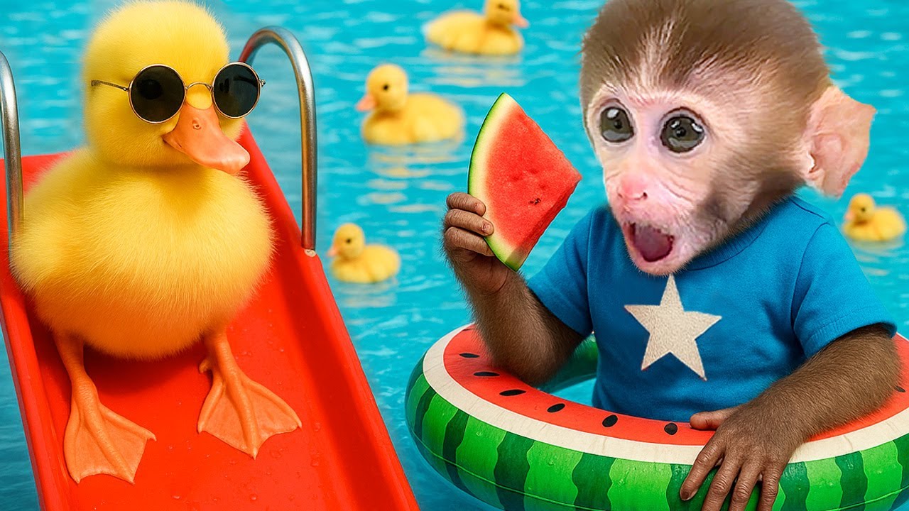 El lindo mono DuDu se da un baño de burbujas con un pato arcoíris y compra palomitas de maíz