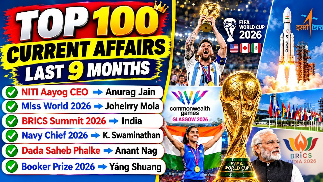 Last 9 Months Current Affairs 2026 | Top 100 Important Current Affairs 2026 | Jan 2026 to Sep 2026