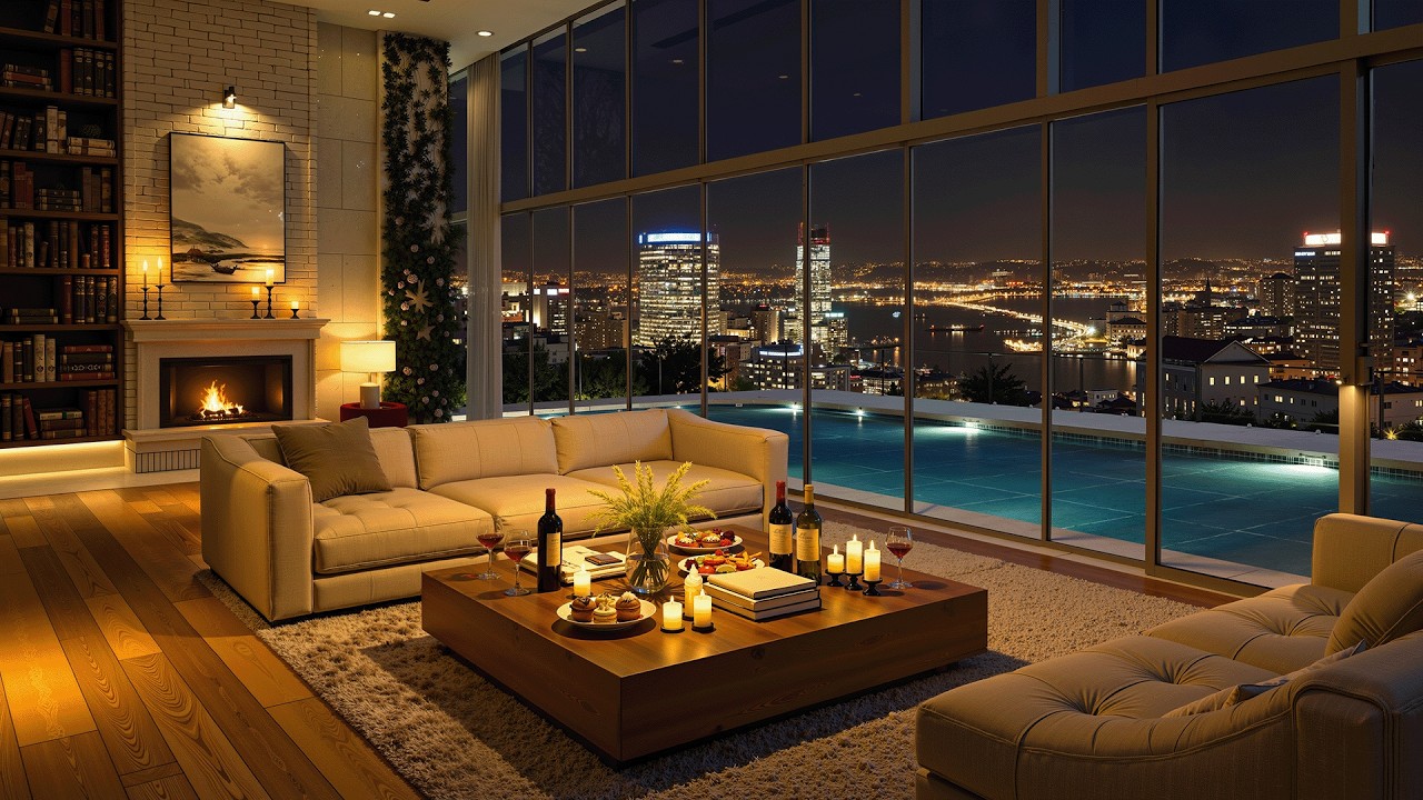 Cozy Apartment Night Jazz 🌃 4K City View Ambience with Smooth Piano Jazz for Deep Sleep