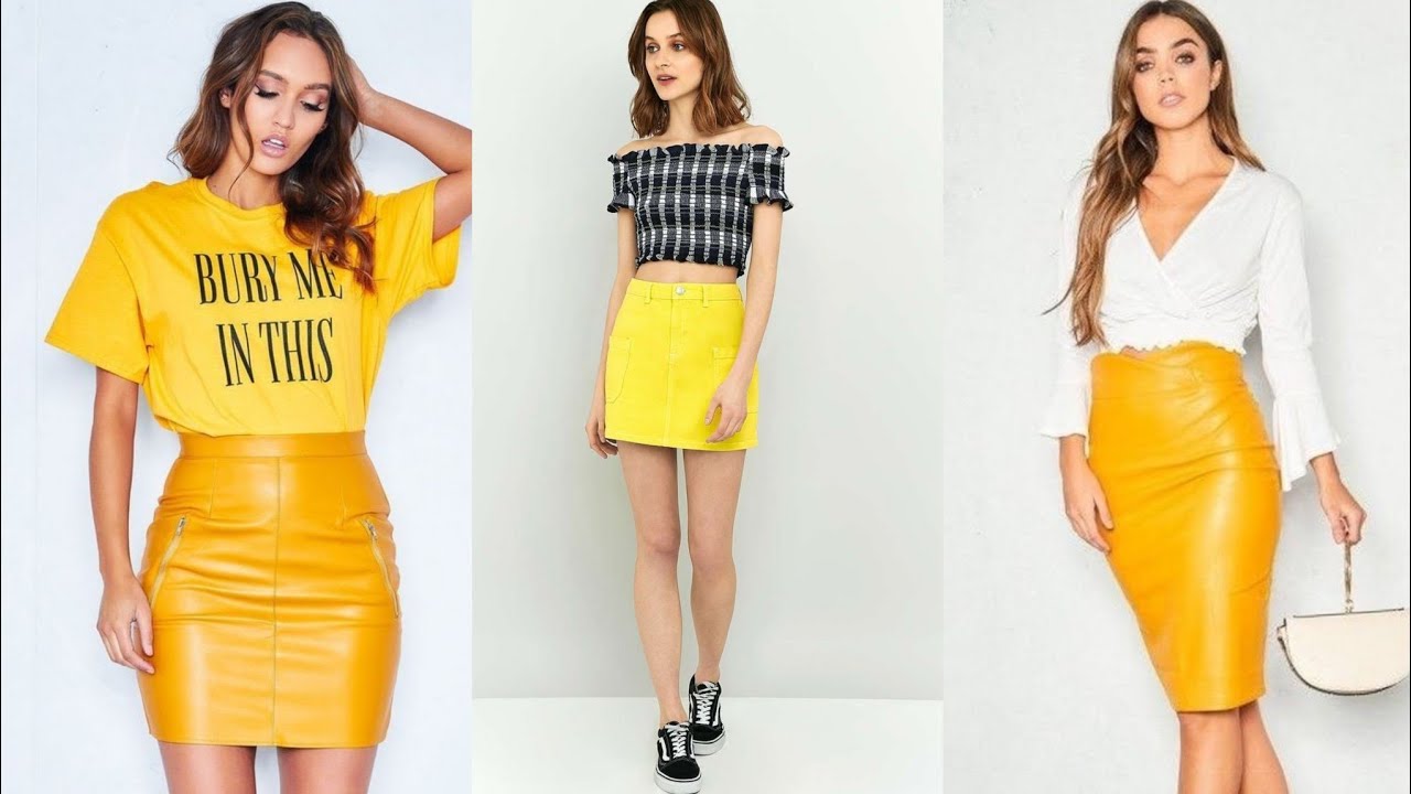 Attractive Yellow Leather Mini Skirt Outfits Idea's 2k20 Fashion #leatherskirts