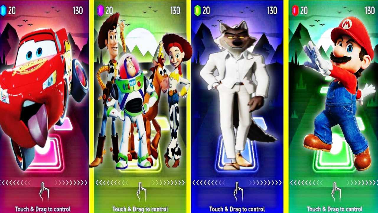 LIGHTNING MCQUEEN🆚TOY STORY5🆚BAD GUYS🆚 SUPER MARIO GALAXY COFFIN DANCE SONG IN TILES HOP