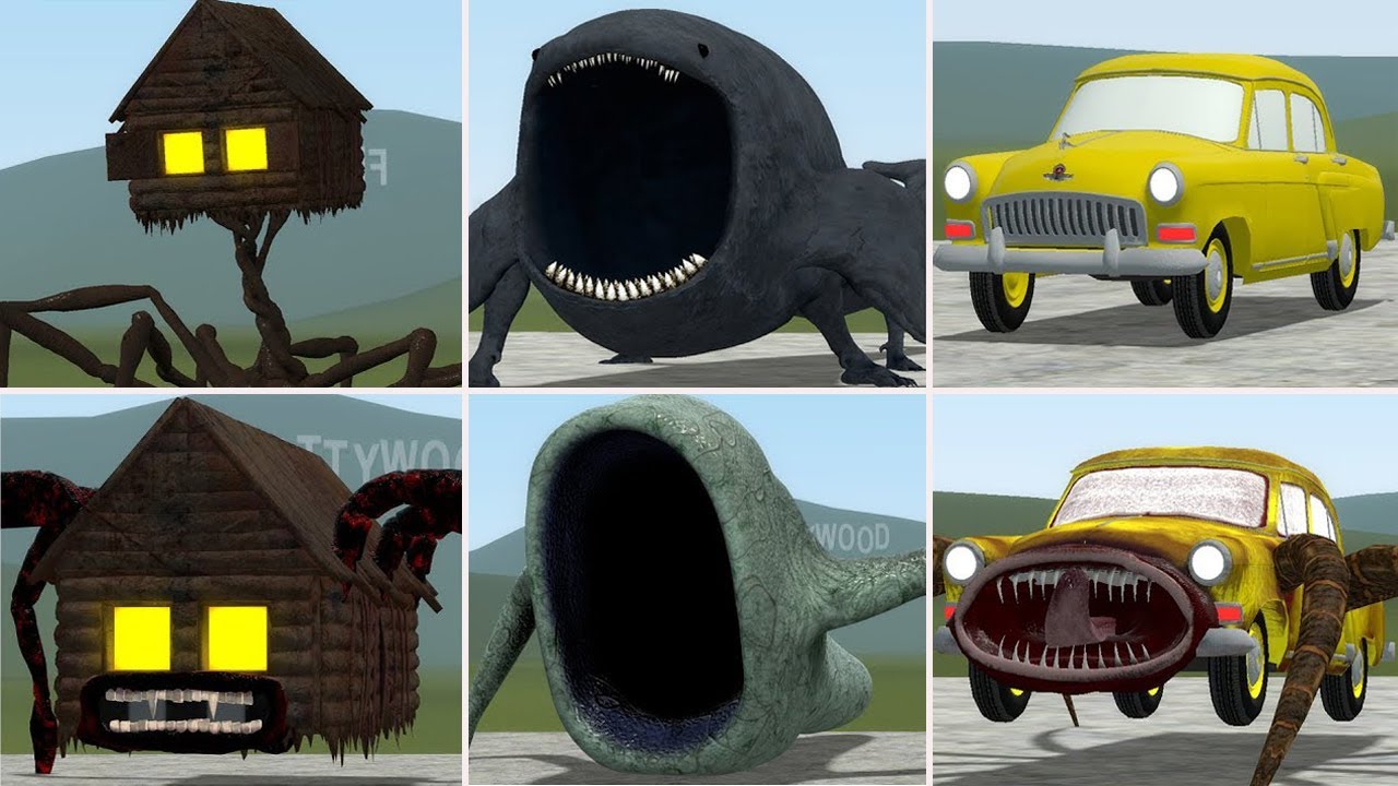 OLD AND NEW UPDATE: CAR EATER, BUS EATER BUILDER, SEA EATER VS ALL TREVOR HENDERSON BATTLE In GMOD!