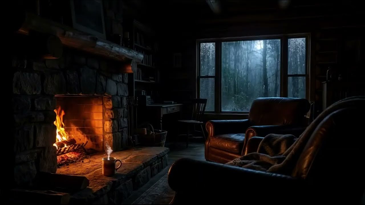 Cozy Rain Outside a Wooden Cabin Window with Fireplace Glow, For Deep Sleep & Calm Nights (8 Hours)