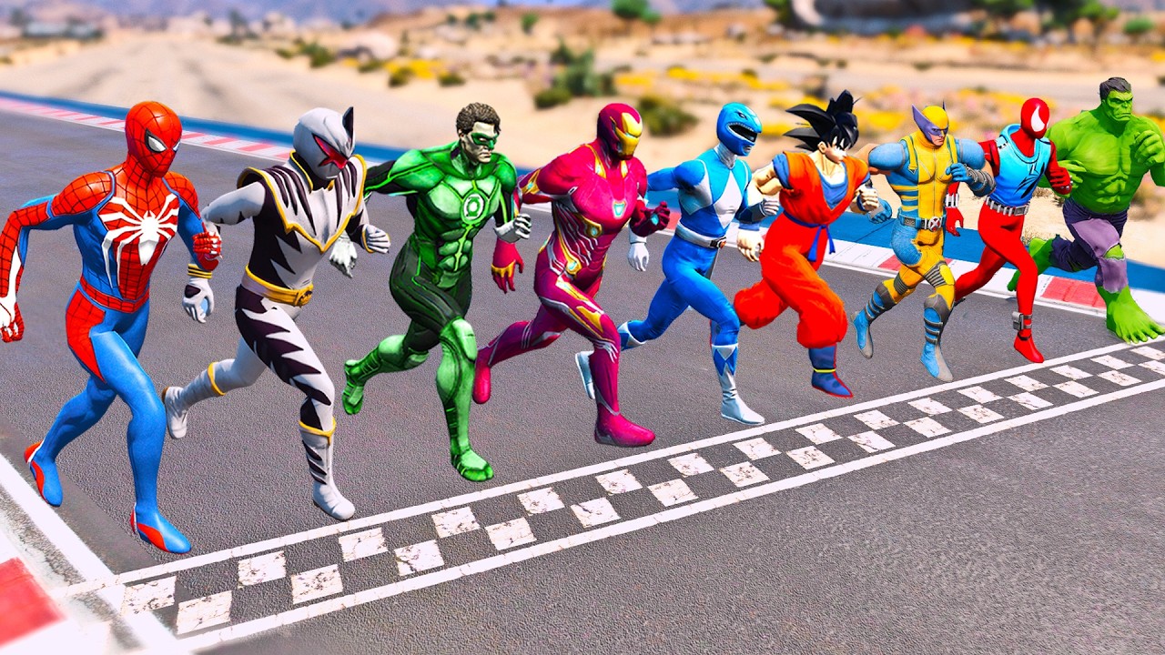SUPERHEROES RUNNING CHALLENGE on MEGA SKY RAMP, SPIDERMAN vs POWER RANGERS MOTORBIKES RACING - GTA 5