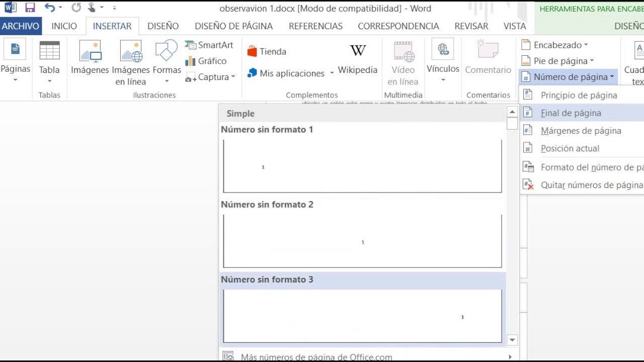 Tutorial para paginar en Word 2013