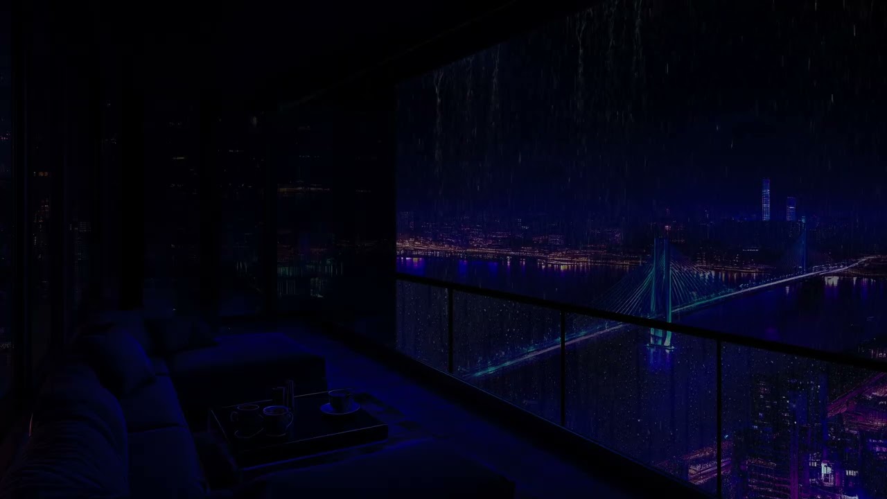 24-Hour Escape to a Luxury NYC Balcony : Heavy Rain on Window + Thunder for Sleep & Relaxation