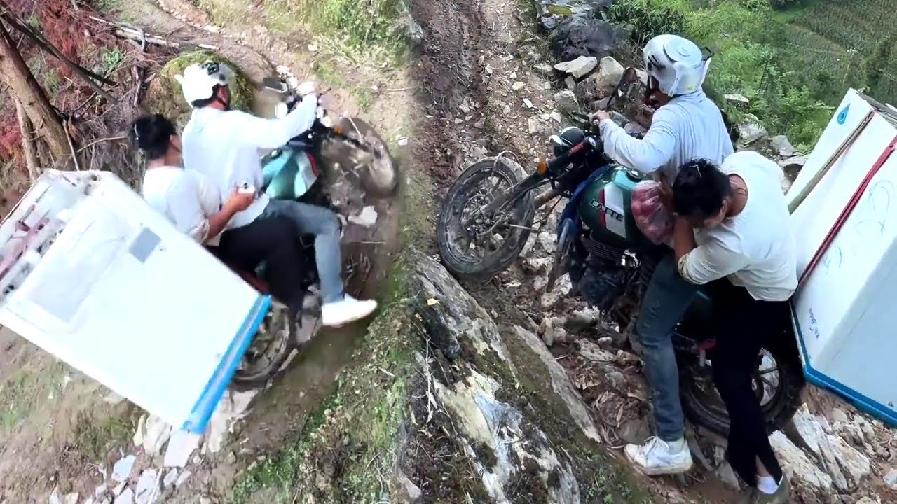Motorcycle Warriors Help A Beautiful Woman Carry A Huge Freezer Up The Mountain!