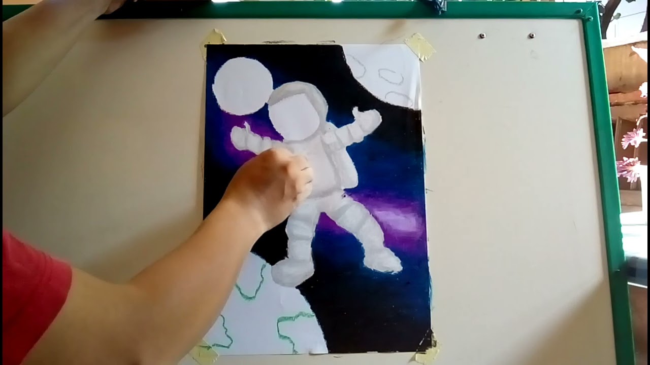 Menggambar tema Astronot dan luar angkasa beserta lanscapenya dgn media crayon.