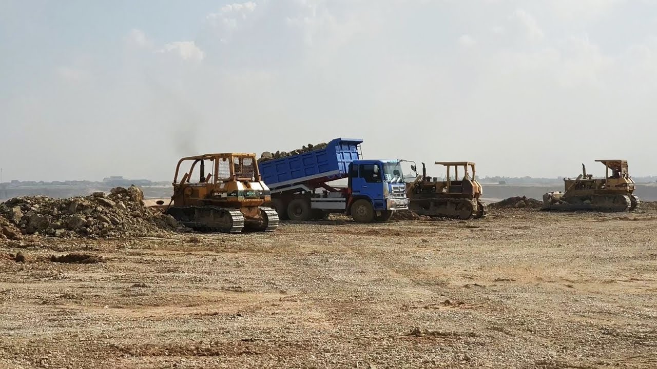 Busy Site Bulldozer Dump Truck Huge Landfilling Up Process