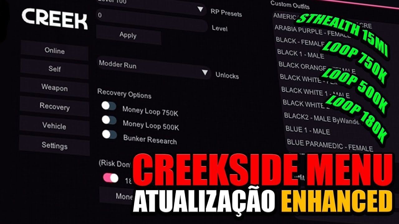 CREEKSIDE MENU ATUALIZADO !!! MELHOR MOD MENU PARA GTAV ONLINE ENHANCED, MOD MENU COMPLETO !!!