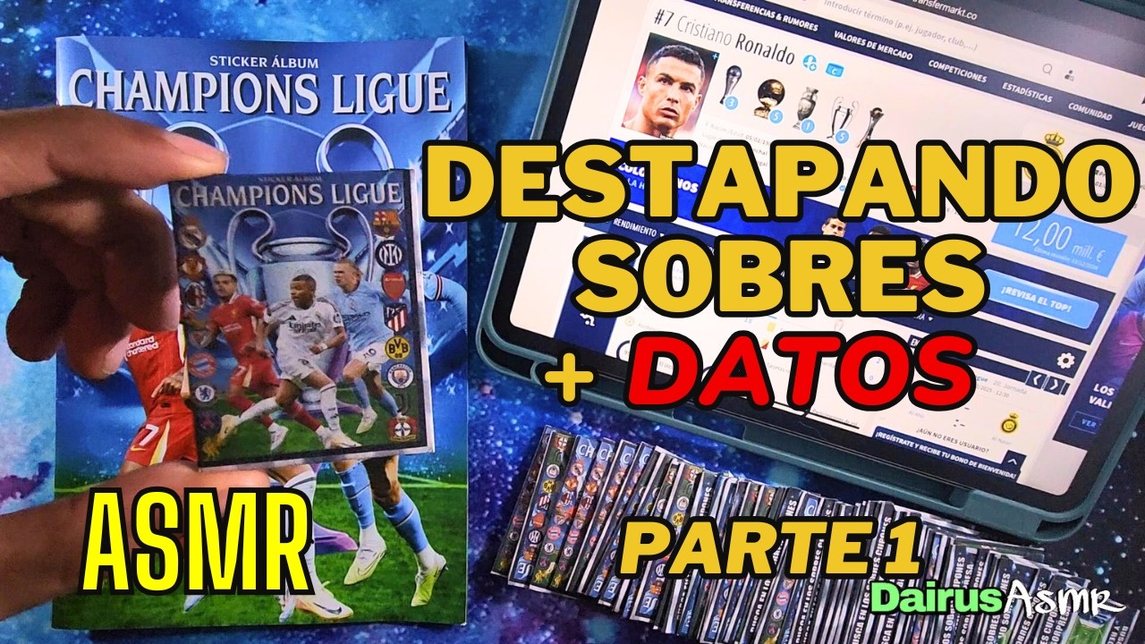 ASMR Album Champions League 2024-2025, destapando sobres y mostrando datos de Transfermarkt