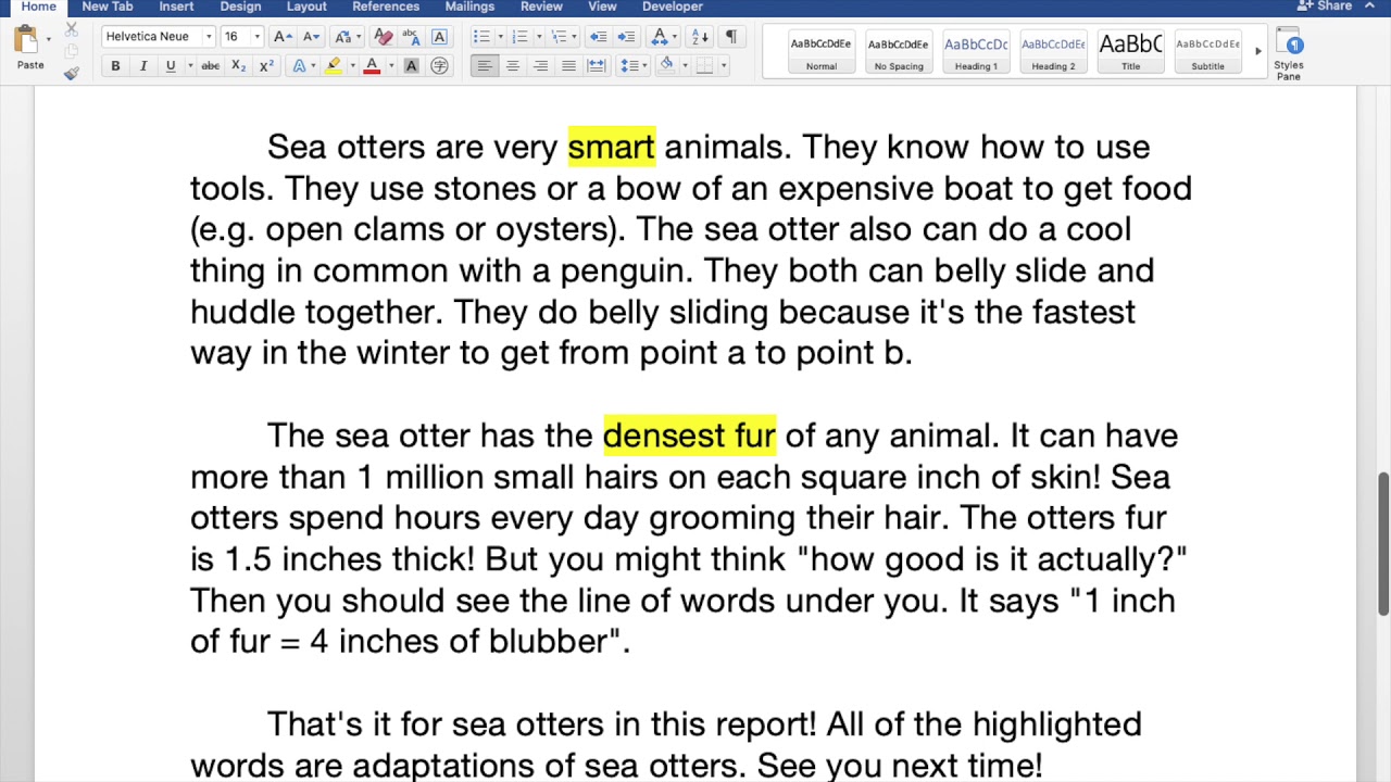 Sea otters' adaptation - Nonfiction writing