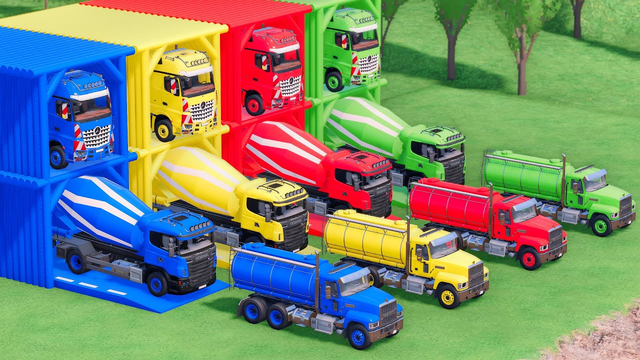 Trucks With COLORS - SCANIA MIXER TRUCK and MACK TANKER TRUCK with FLATBED TRAILER TRUCK - FS22