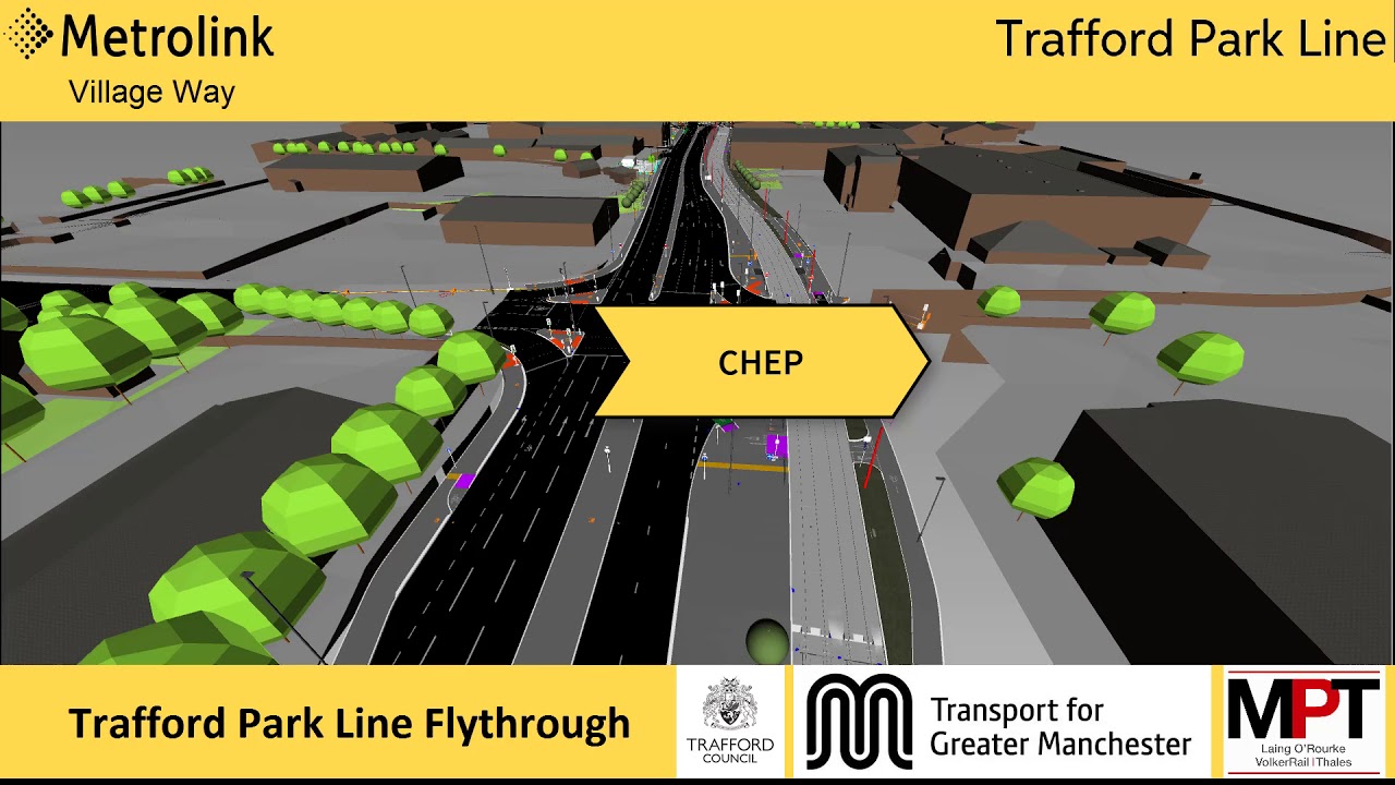 Trafford Park Metrolink line - flythrough