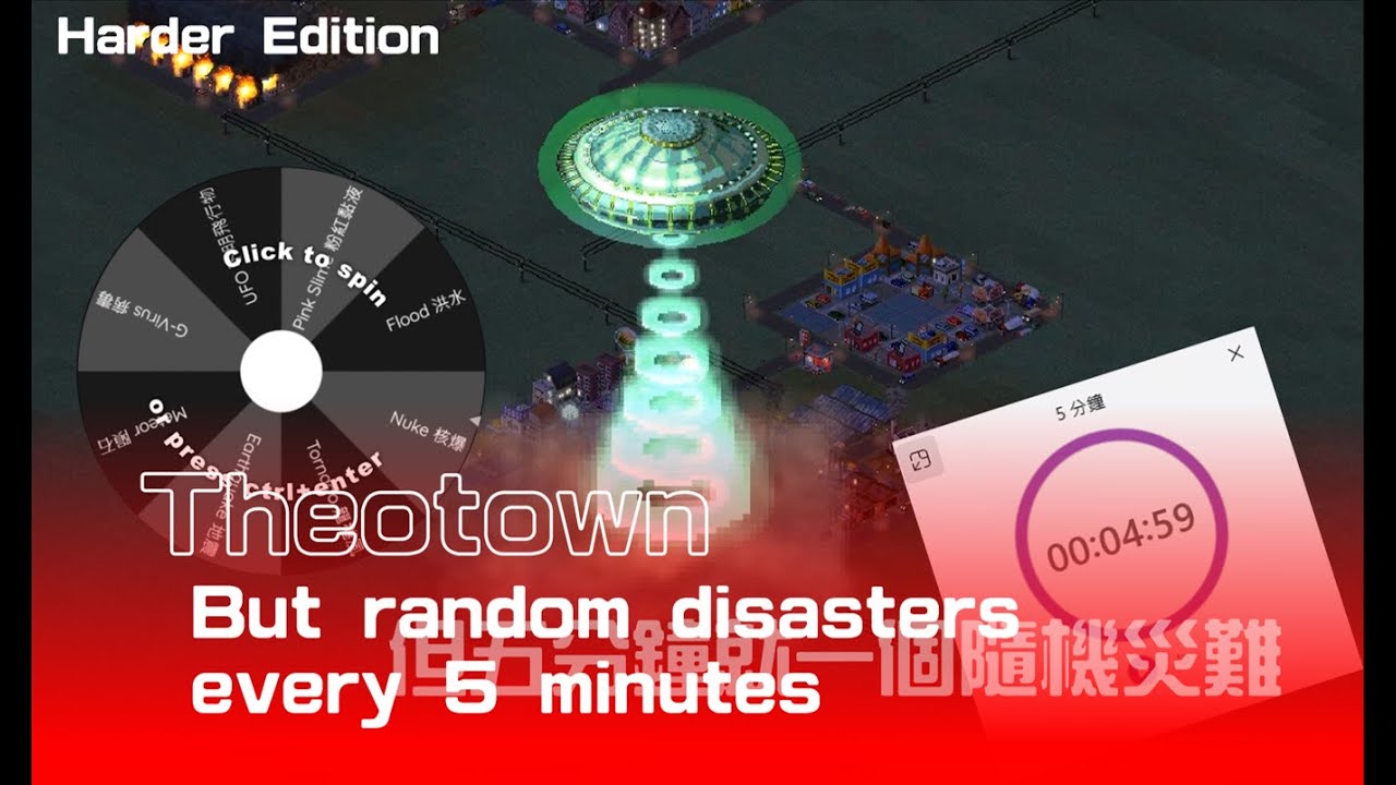 Theotown, but random disaster in my city every 5 minutes (+extra restrictions)