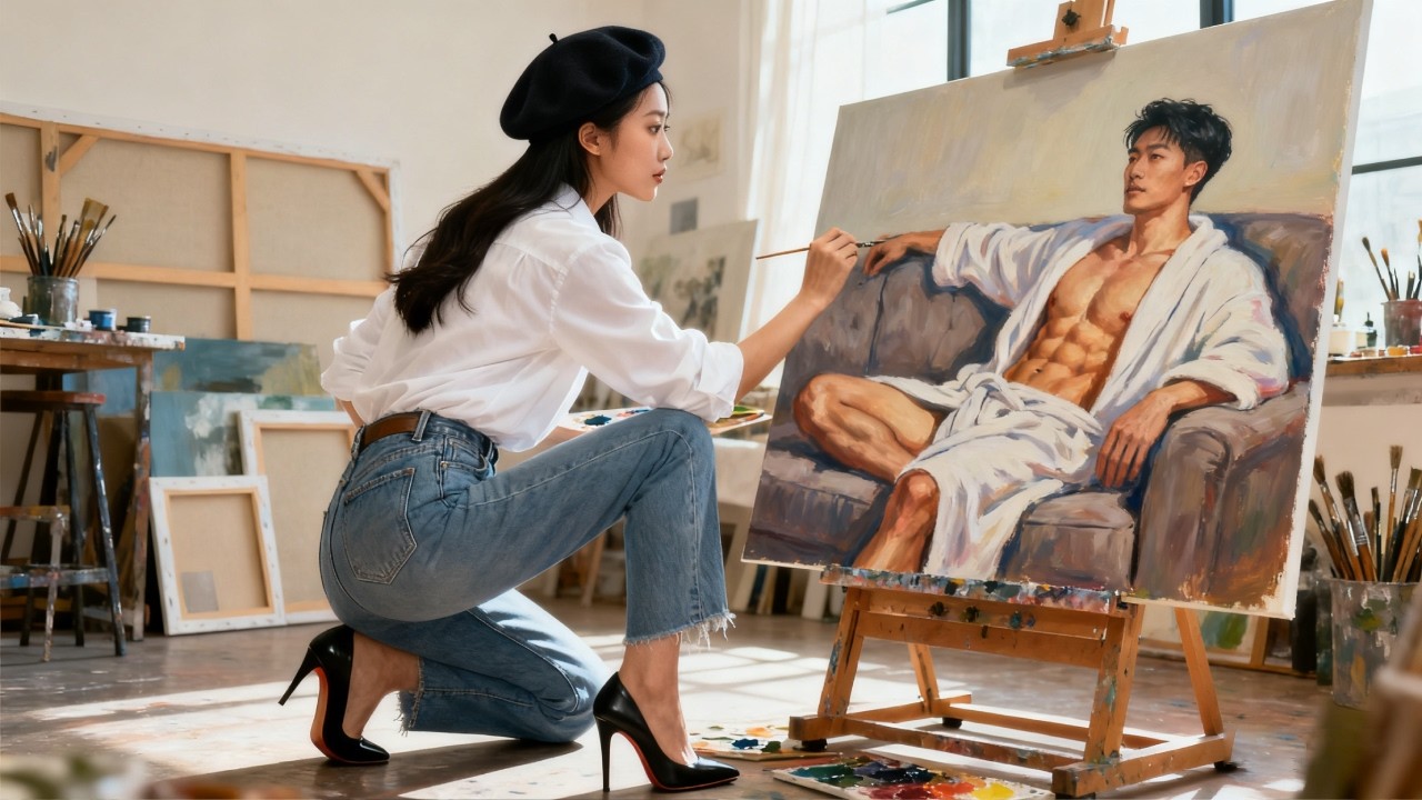 Poor female painter fell for a 