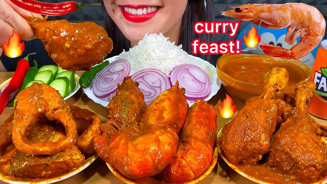 ASMR SPICY PRAWN CURRY, FISH CURRY, CHICKEN CURRY, CHILI, RICE MASSIVE Eating Sounds