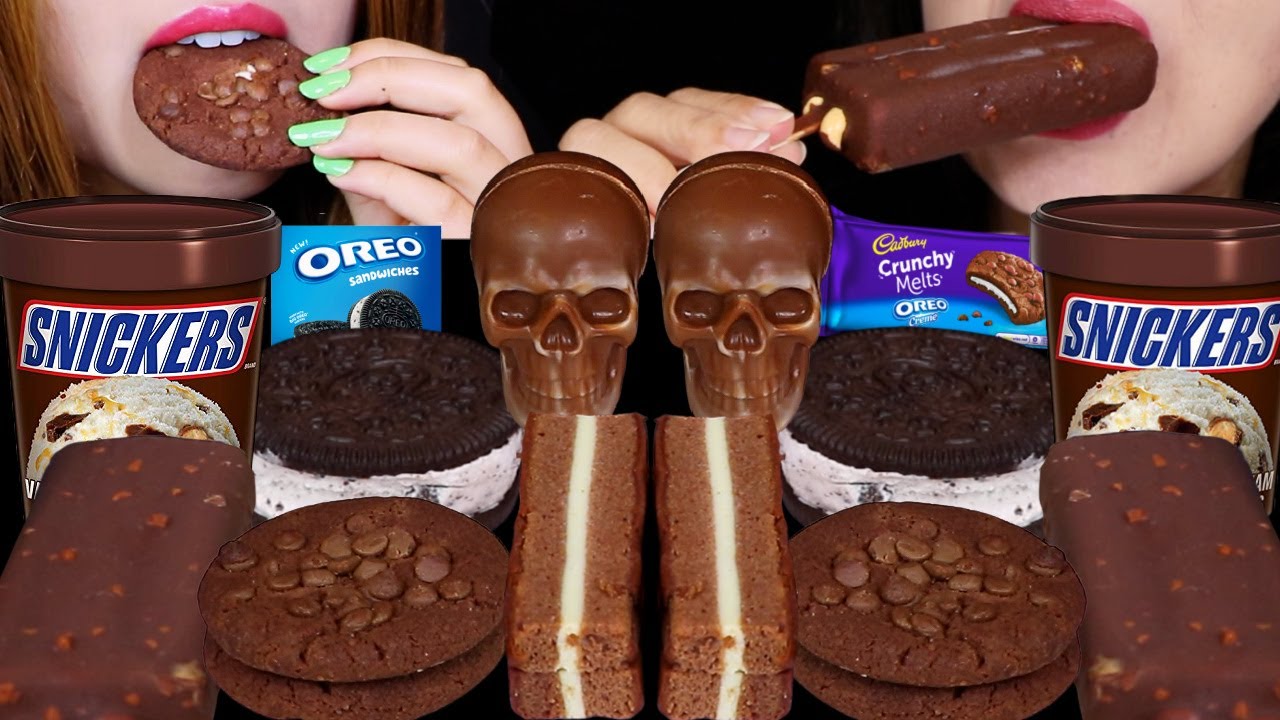 ASMR CADBURY OREO CREME COOKIES, SNICKERS SUNDAE, SKULL CHOCOLATE BOMB, BUTTERFINGER ICE CREAM BAR