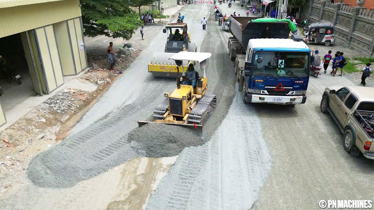 Techniques Skill Dump Truck Road Roller And Dozer Komatsu D20P Spreading Gravel Making New Road