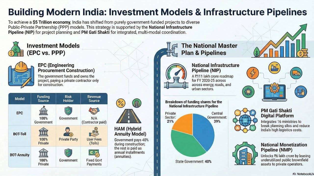 Investment models | PPP model (BOT,HAM,EPC) | National Infrastructure Pipeline (NIP) and Gati Shakti