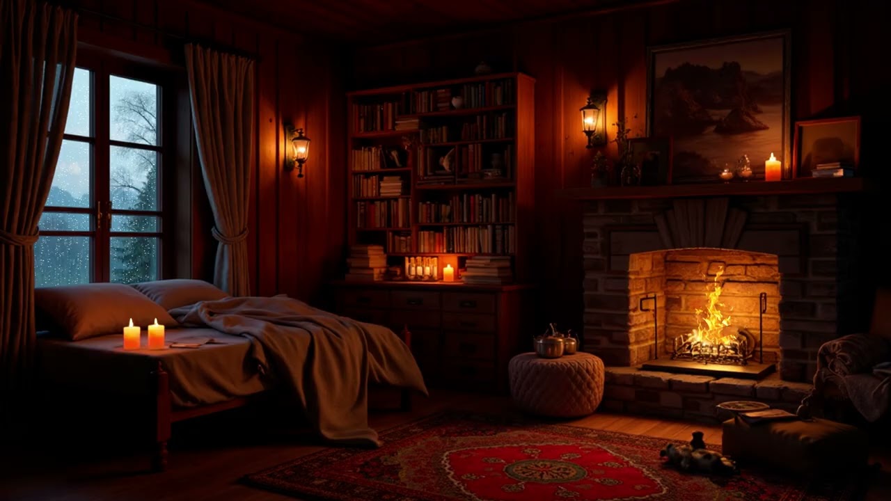 Rainy Night in a Cozy Cabin Bedroom | Fireplace and Relaxing Rain Sounds for Sleep
