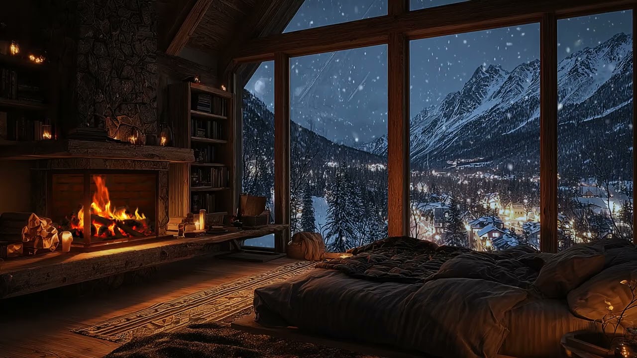 Cozy Fireplace Cabin on a Snowy Night ❄️ | Warm Winter Ambience for Sleep and Anxiety Ease