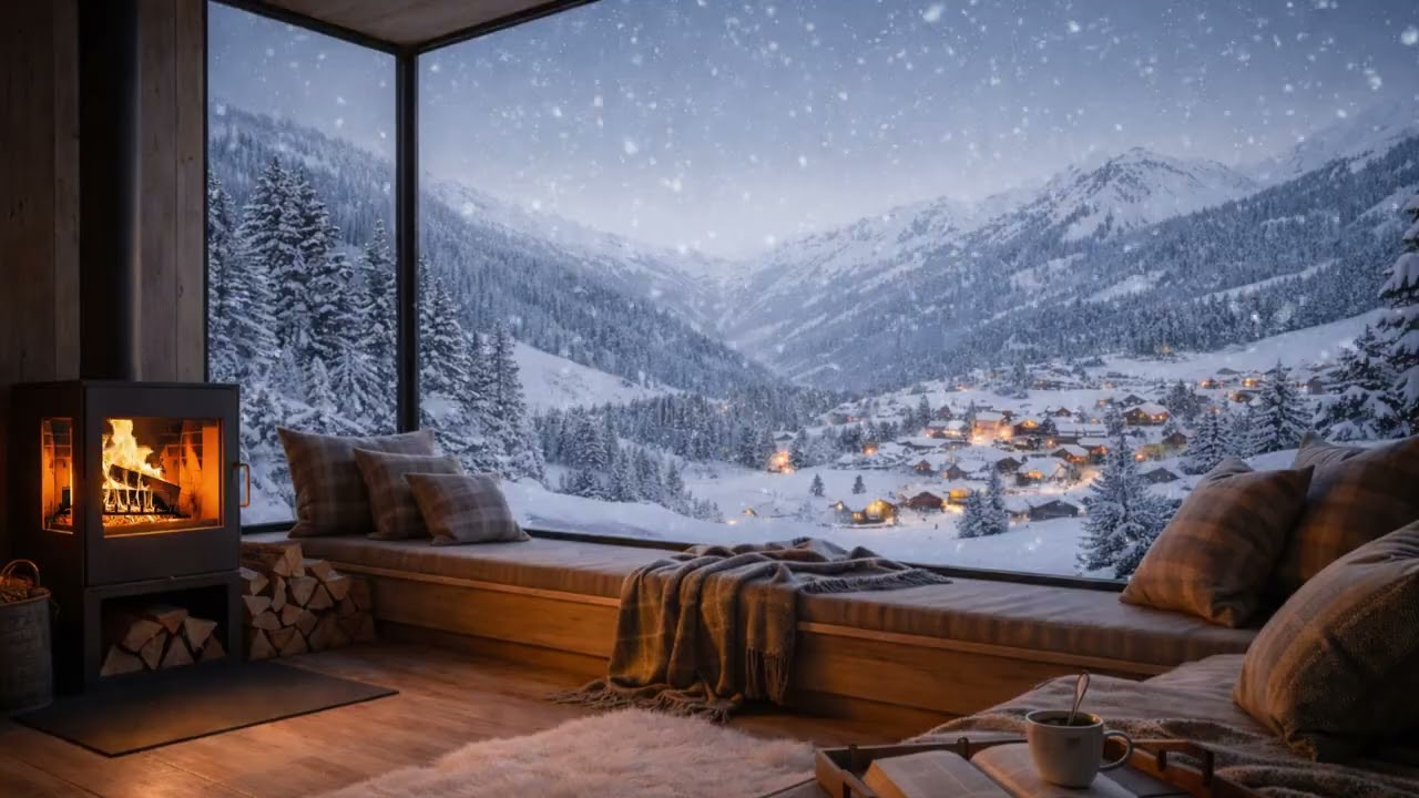 Snowy Night Fireplace & Soft Piano ❄️🔥 | Crackling Fire Sounds for Deep Sleep & Relaxation