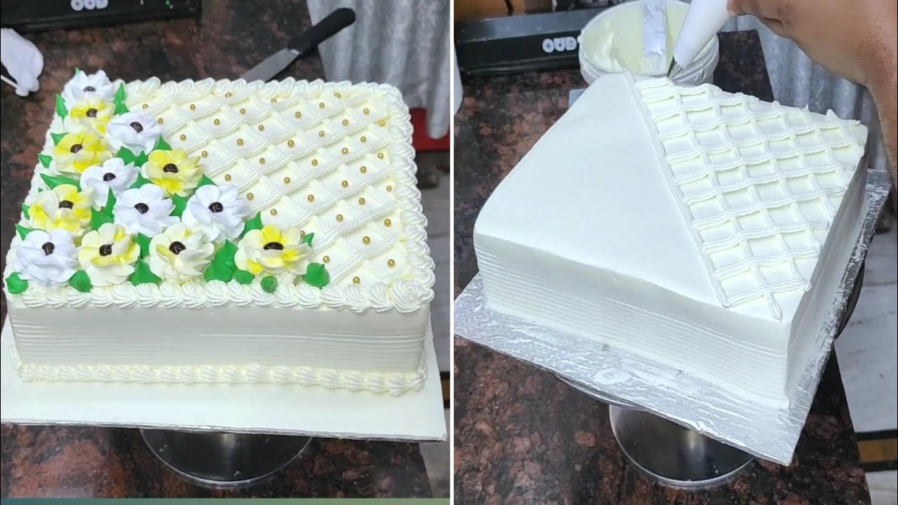 Beautiful White Floral Cream Cake Design | Bakery Style Square Cake Decoration | Fresh Cream Cake
