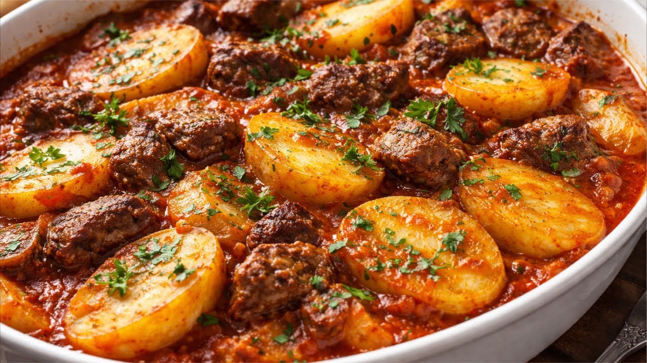 Making Egyptian style baked potatoes and lamb in tomato sauce